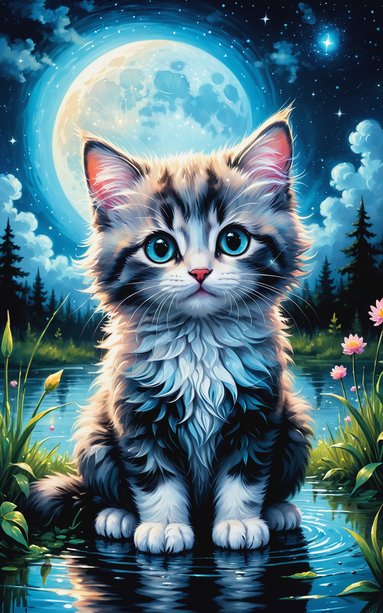 09640-175528628-Ultra detailed illustration of a cute fluffy kitten sitting in a clearing flooded with moonlight, starry sky, moon lost in a mag.png